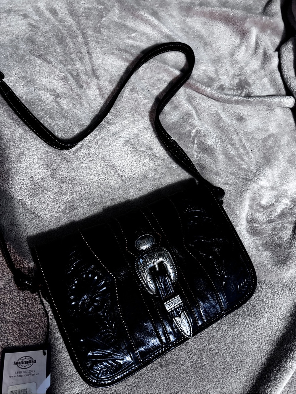 American West Black Tooled Leather Crossbody with Buckle Accent